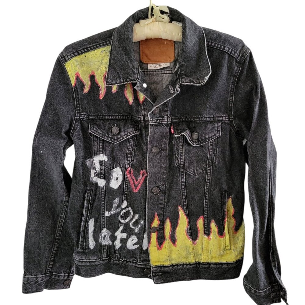 Handpainted Black Denim Levi's Jacket Size S